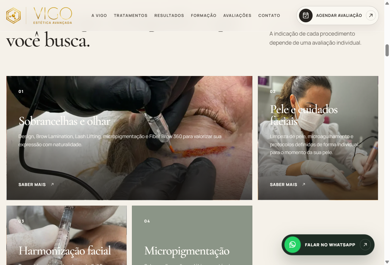 Seção real de tratamentos no site da VIGO Estética Avançada